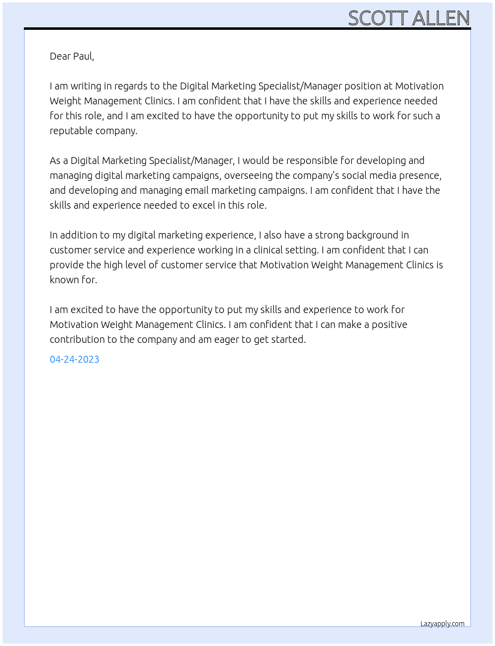 Digital Marketing Specialist/Manager At Motivation Weight Management Clinics Cover Letter