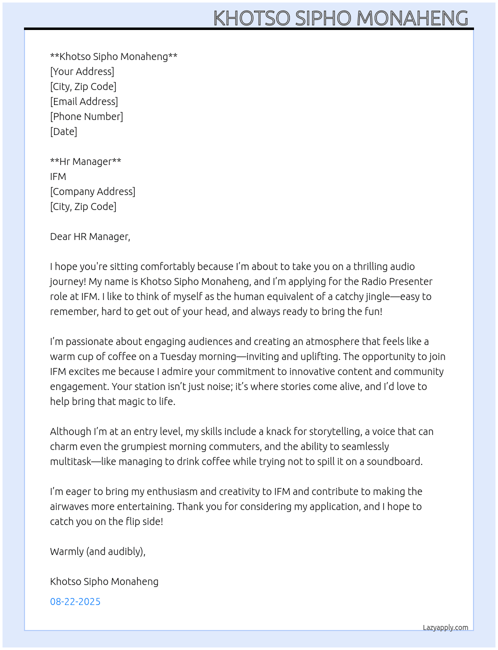 Radio presenter At IFM Cover Letter