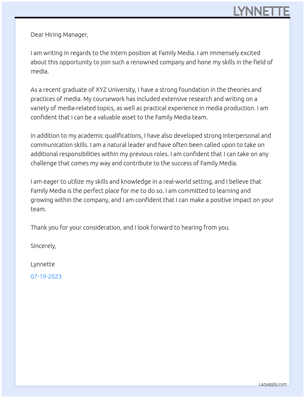 Intern At Family Media Cover Letter