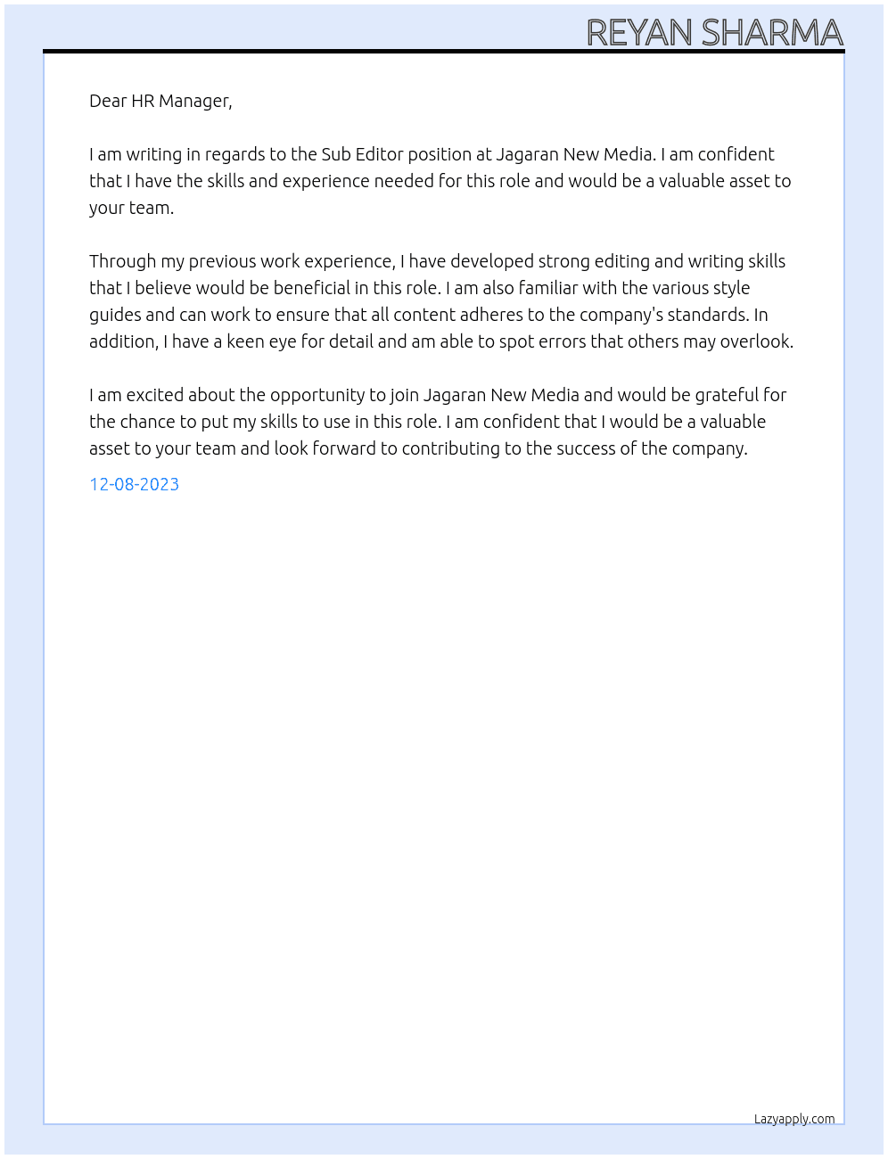 Sub Editor At jagaran new media Cover Letter