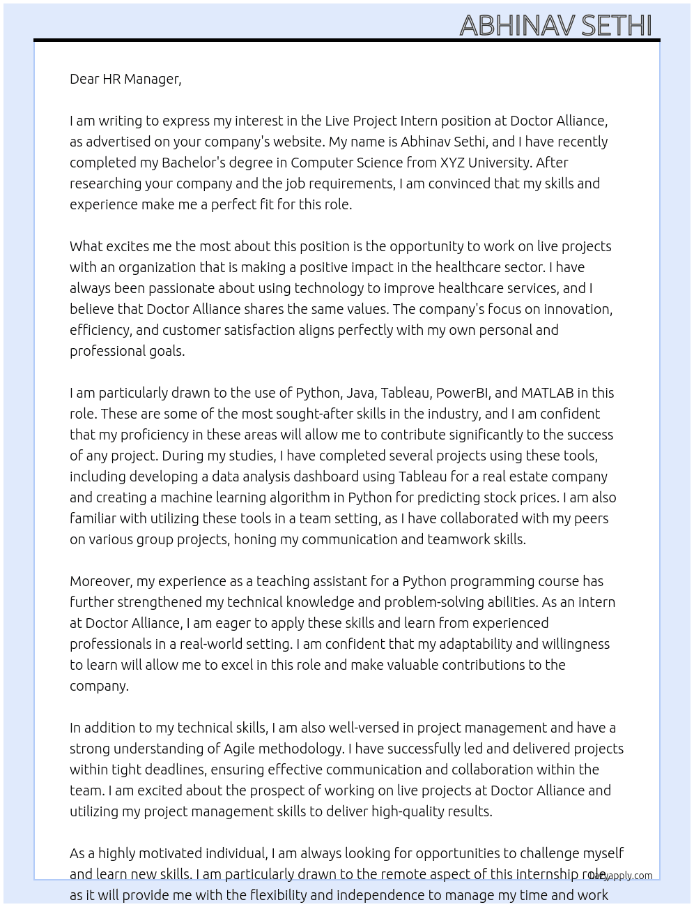 Live project inte n At Doctor alliance Cover Letter