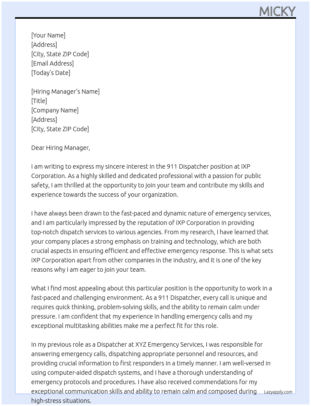 911 Dispatcher At iXP Corporation Cover Letter