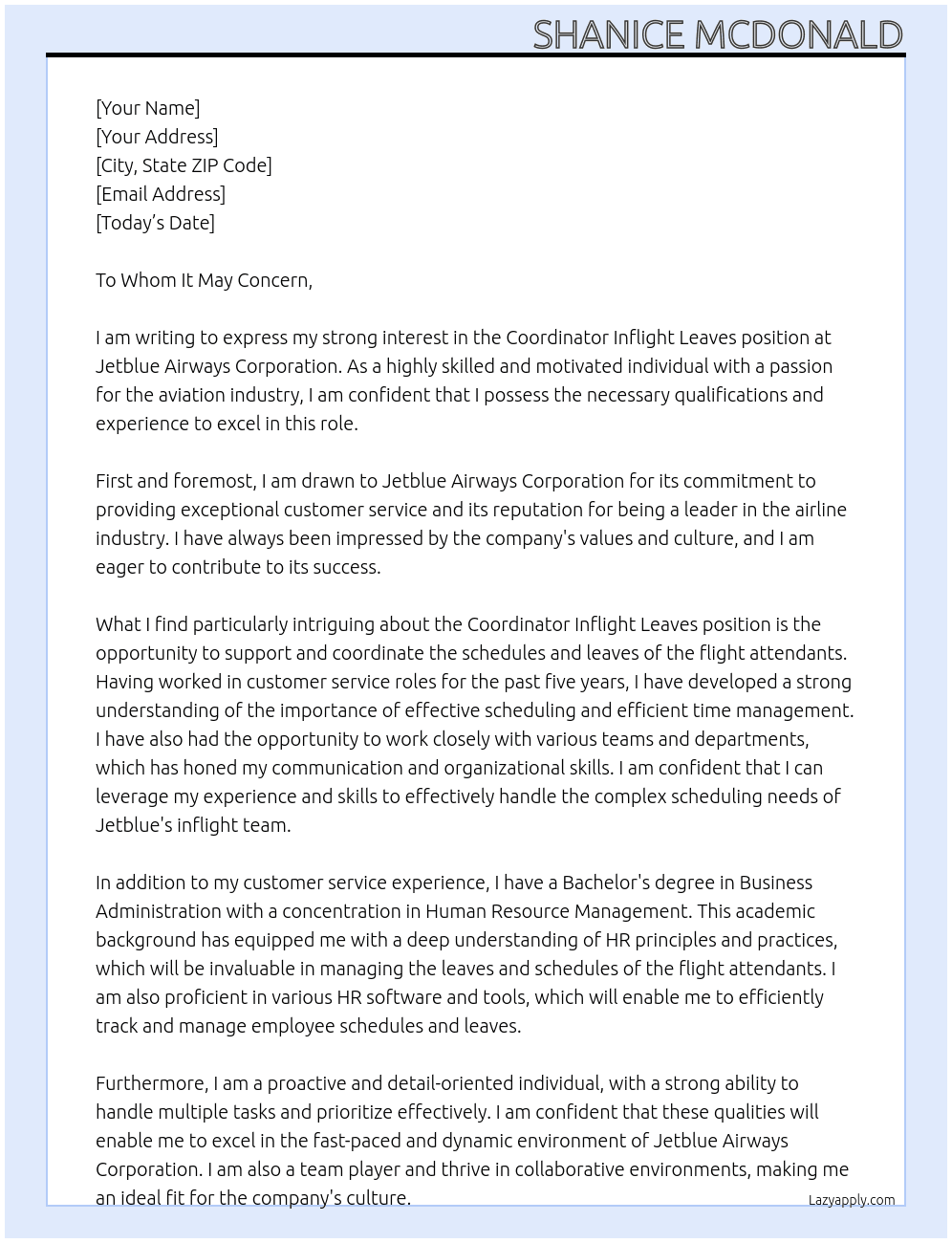 :Coordinator Inflight Leaves  At Jetblue Airways Corporation Cover Letter