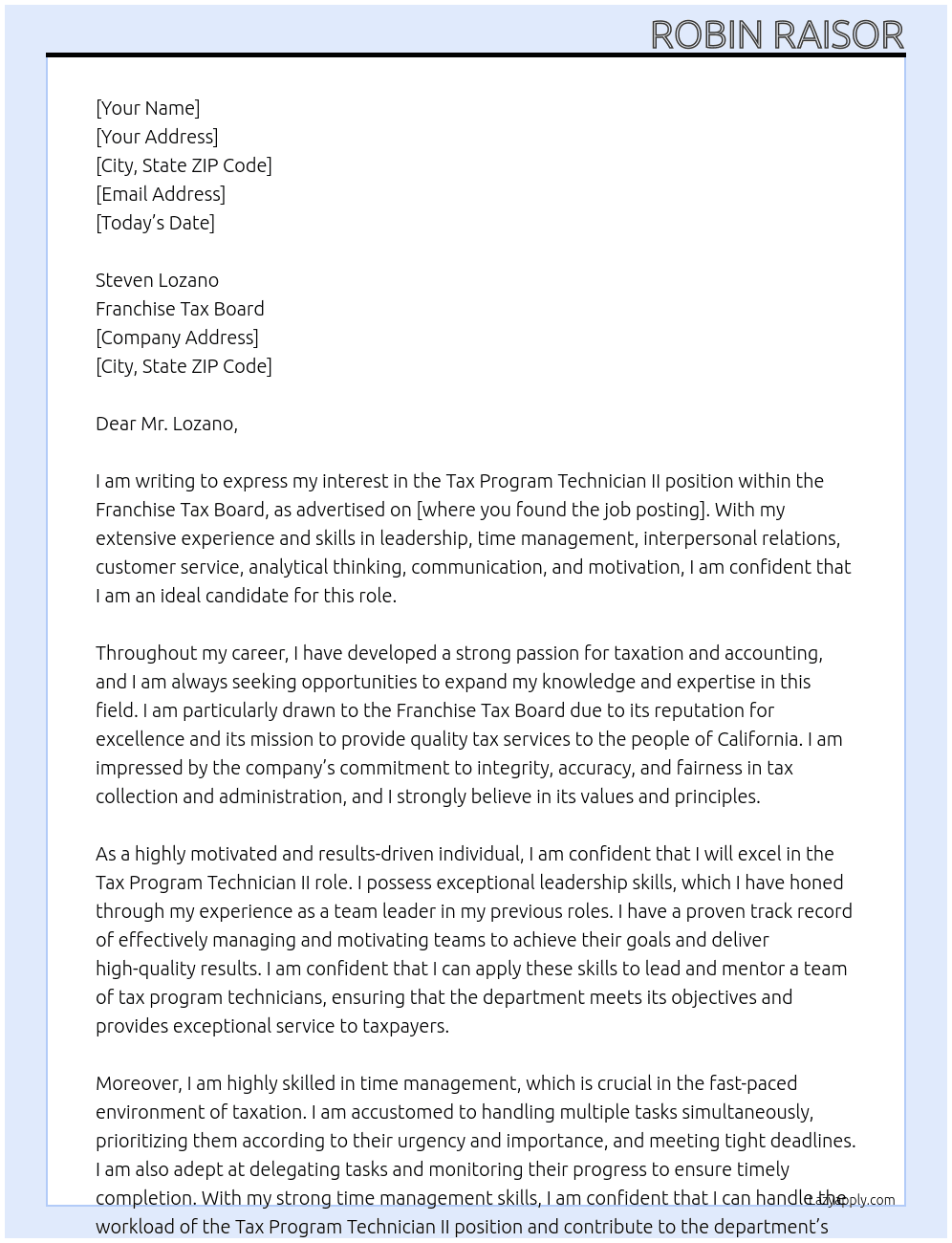 Tax Program Technician II At Franchise Tax Board Cover Letter