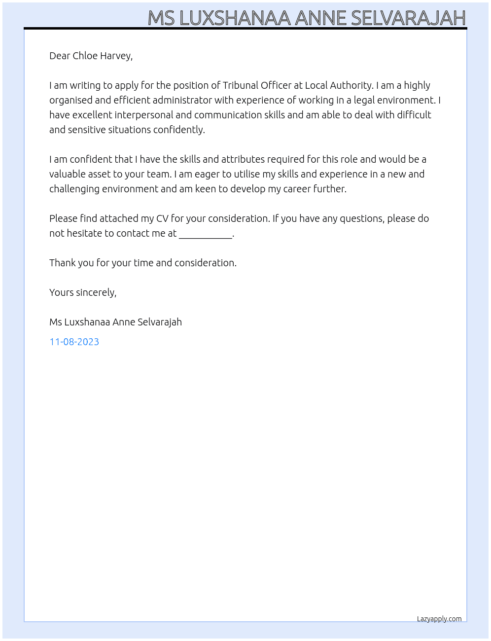 Tribunal Officer At Local Authority Cover Letter