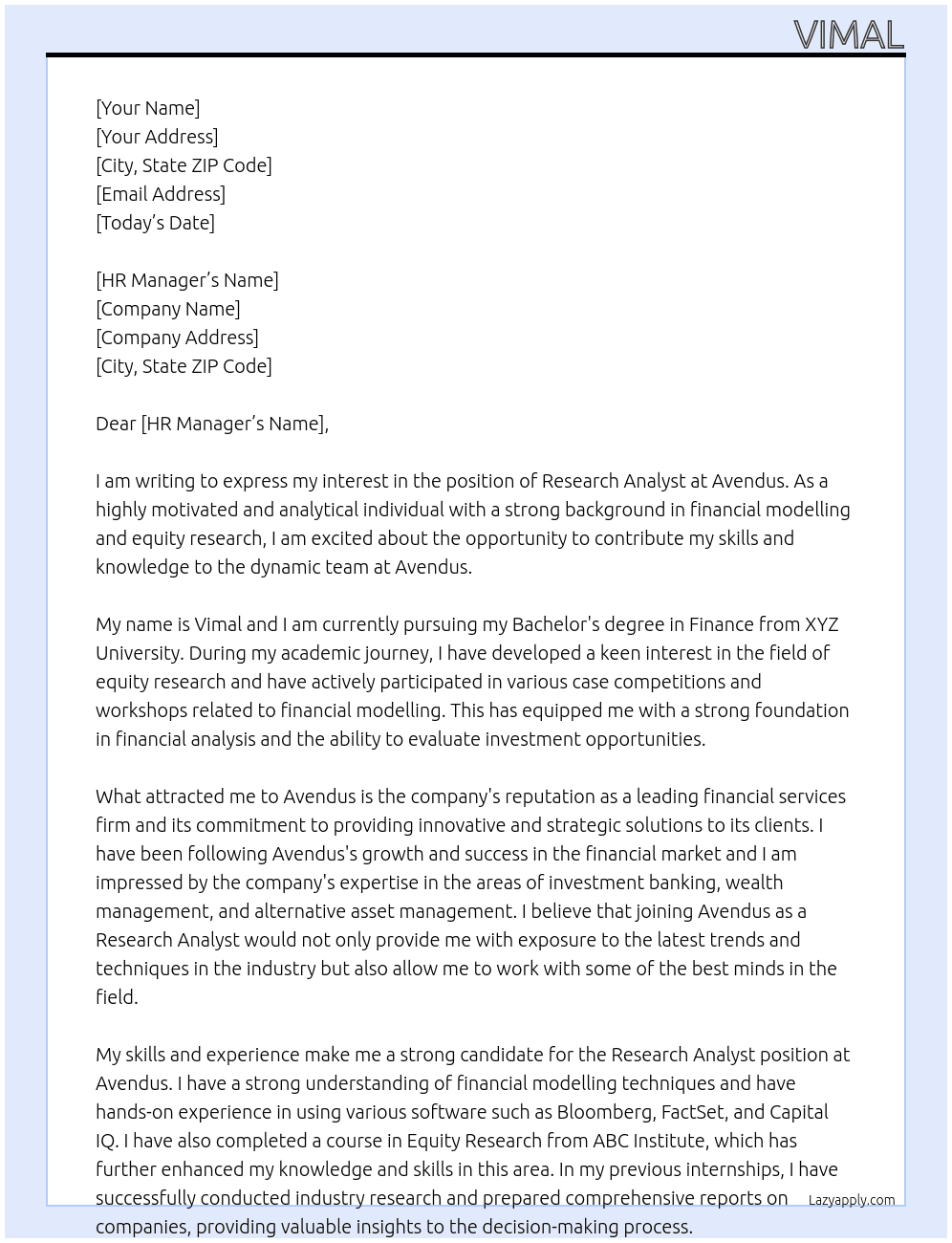 Research Analyst At Avendus Cover Letter