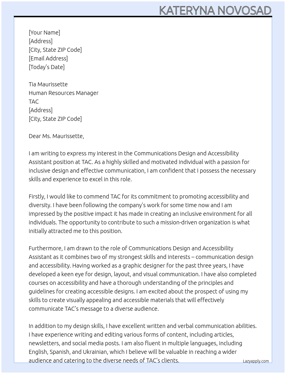 Communications Design and Accessibility Assistant At TAC Cover Letter