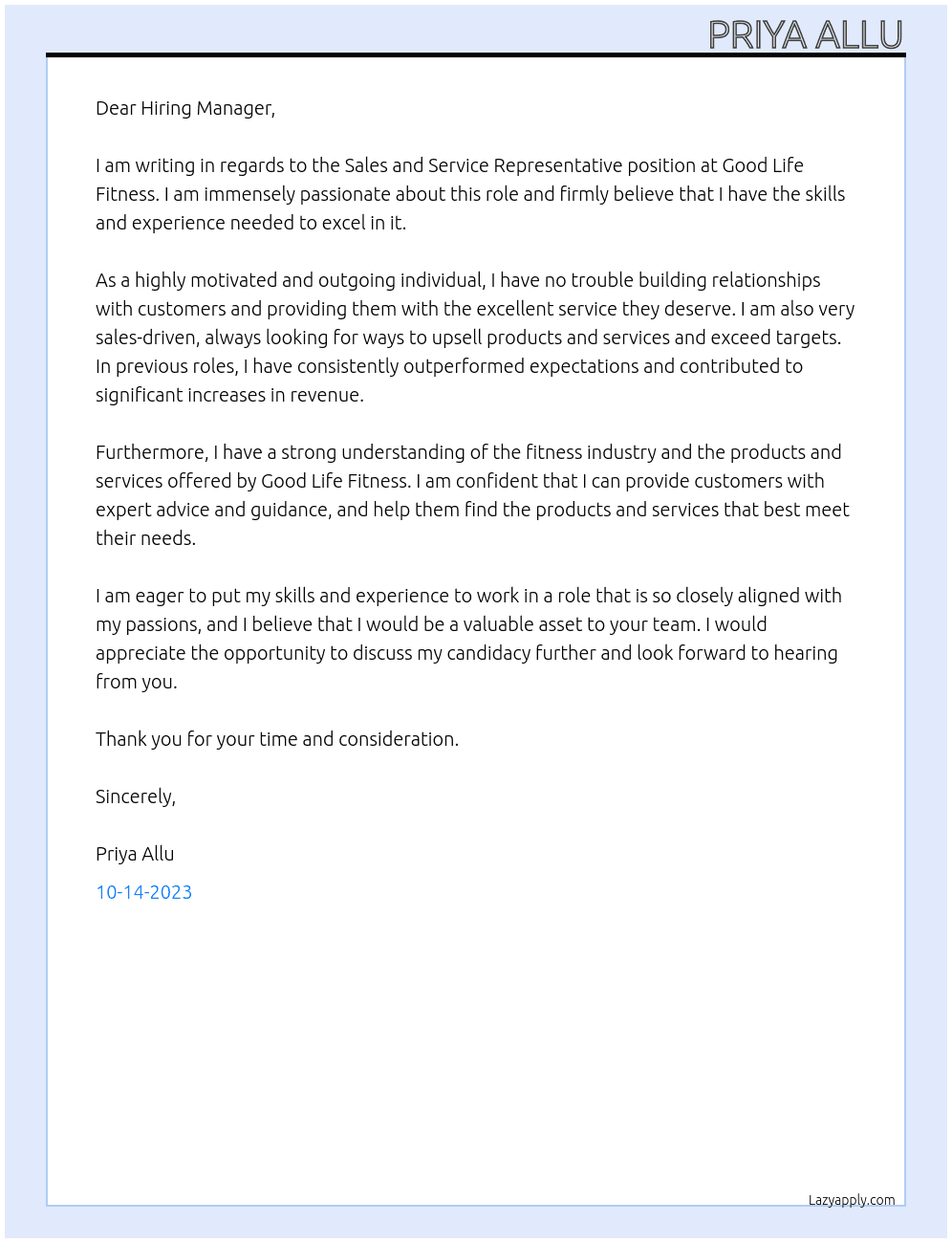 Sales and service representative At Good Life Fitness  Cover Letter