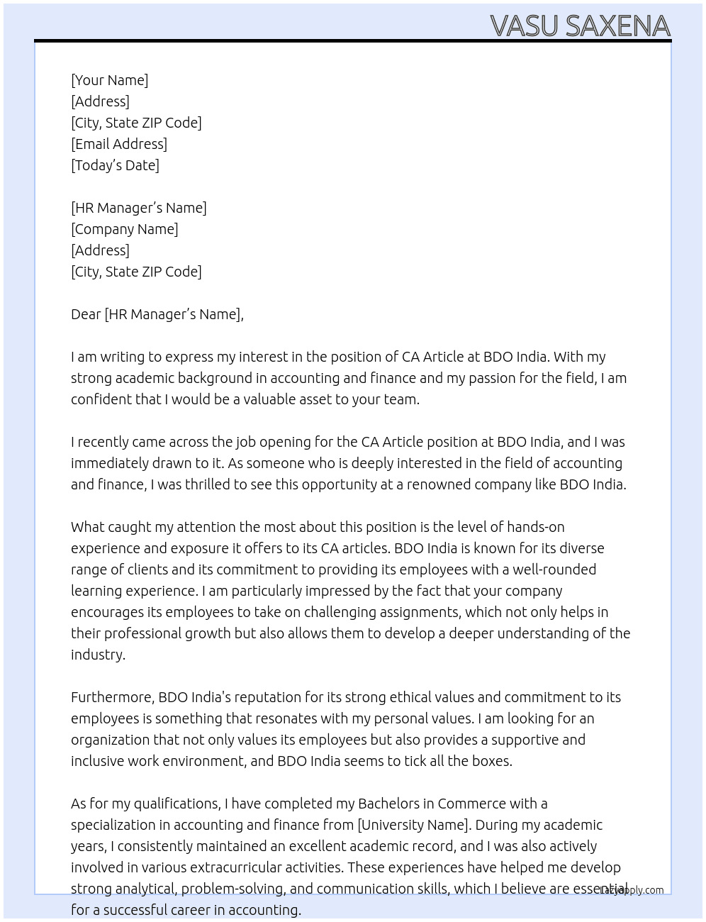 Ca article At BDO India Cover Letter