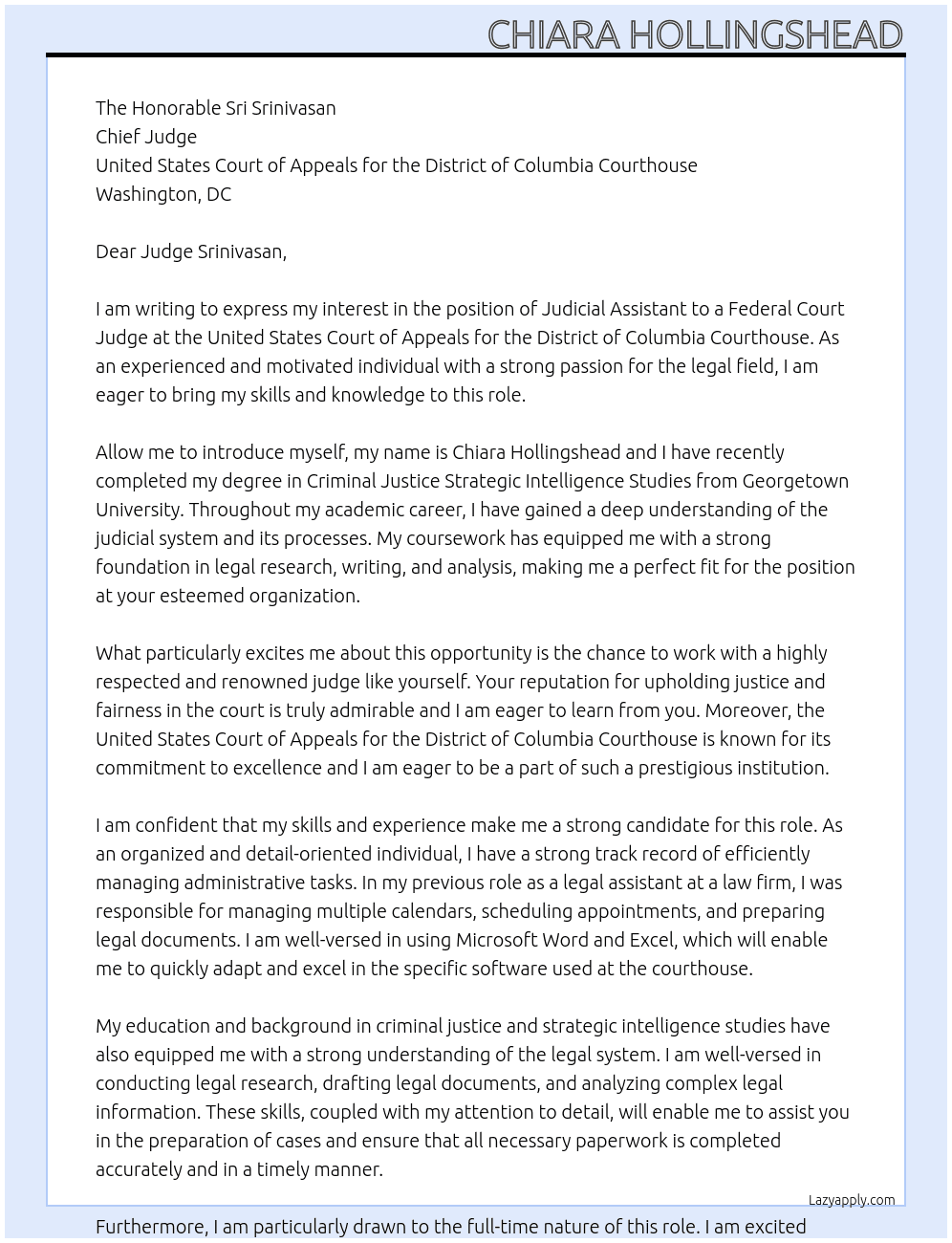 Cover letter for judicial assistant to a federal court judge - LazyApply