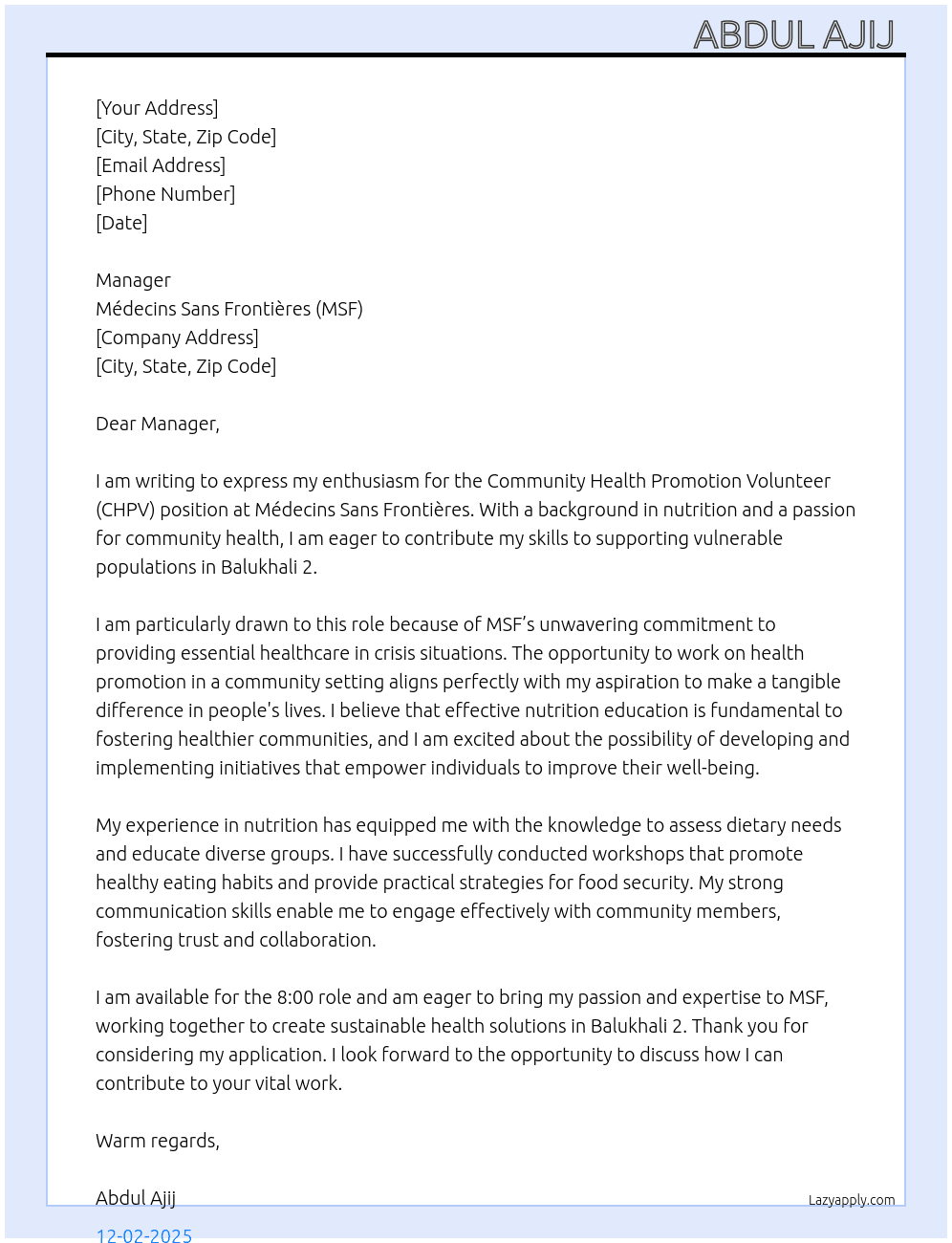 Community Health Promotion Volunteer (CHPV) At Medicine Sans frontas MSF Cover Letter