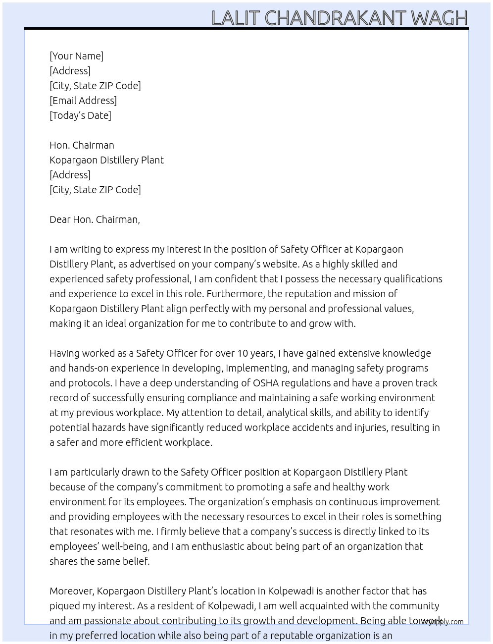 Safety officer  At Kopargaon distillary plant  Cover Letter
