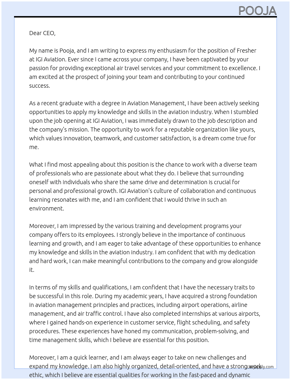 Fresher  At IGI Aviation  Cover Letter