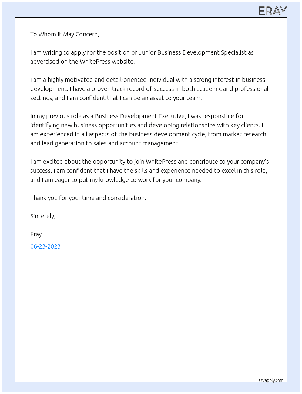 Juniour Business Development Specialist At WhitePress Cover Letter