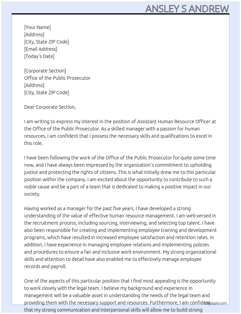 assistant Human Resource Officer At Office of the Public Prosecutor  Cover Letter
