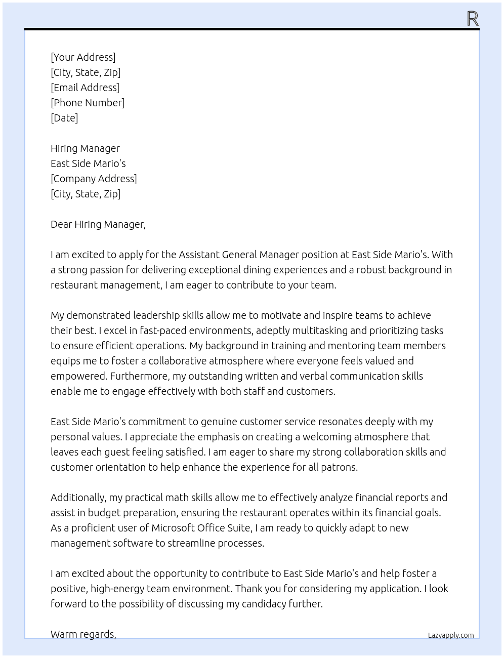 Cover letter for assistant general manager - LazyApply