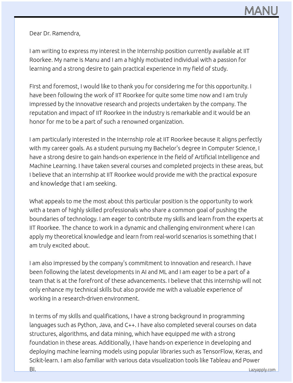 Internship  At IIT Roorkee  Cover Letter