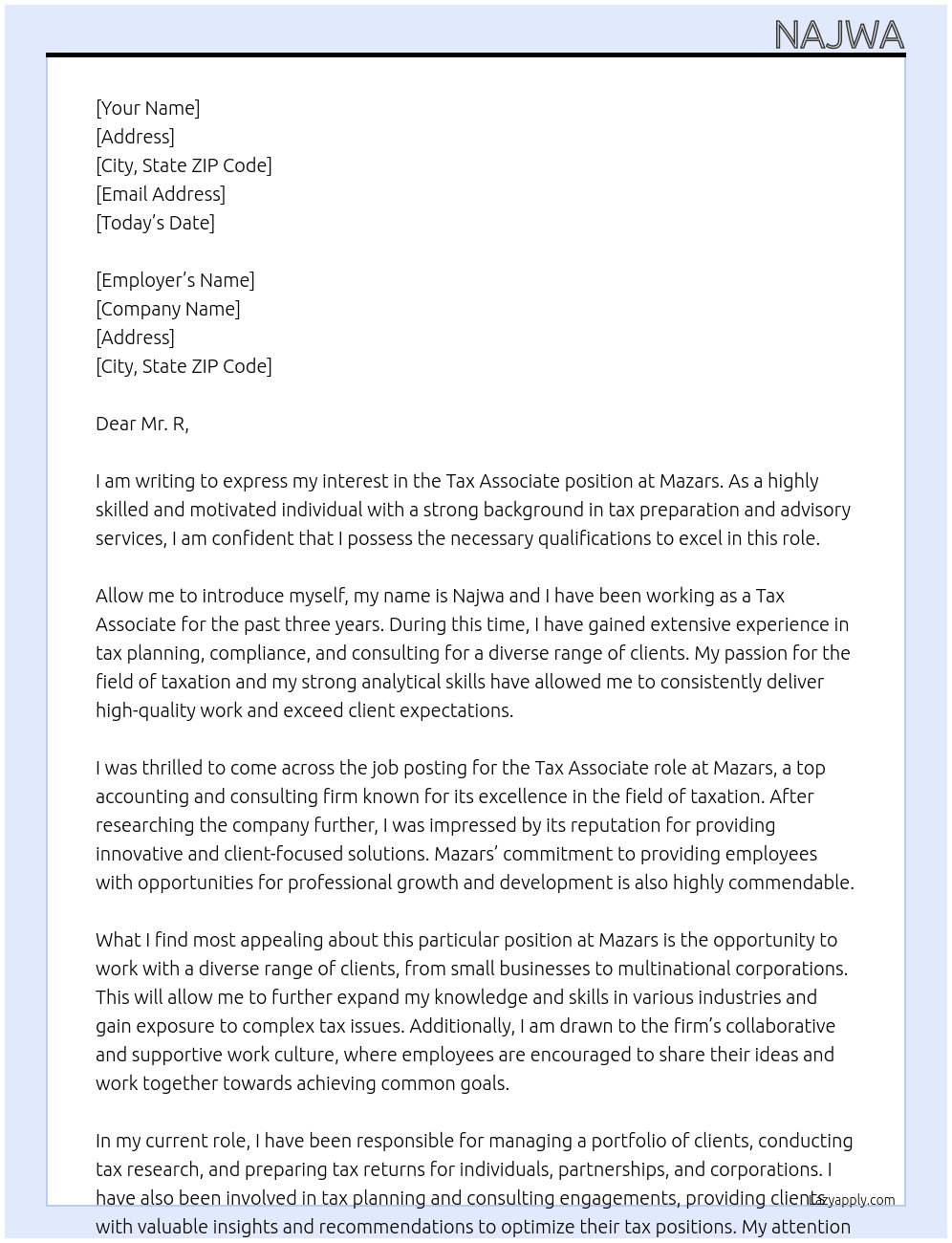 tax associate At Mazars Cover Letter