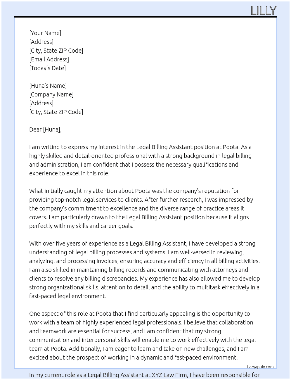 Legal Billing Assistant At Poota Cover Letter