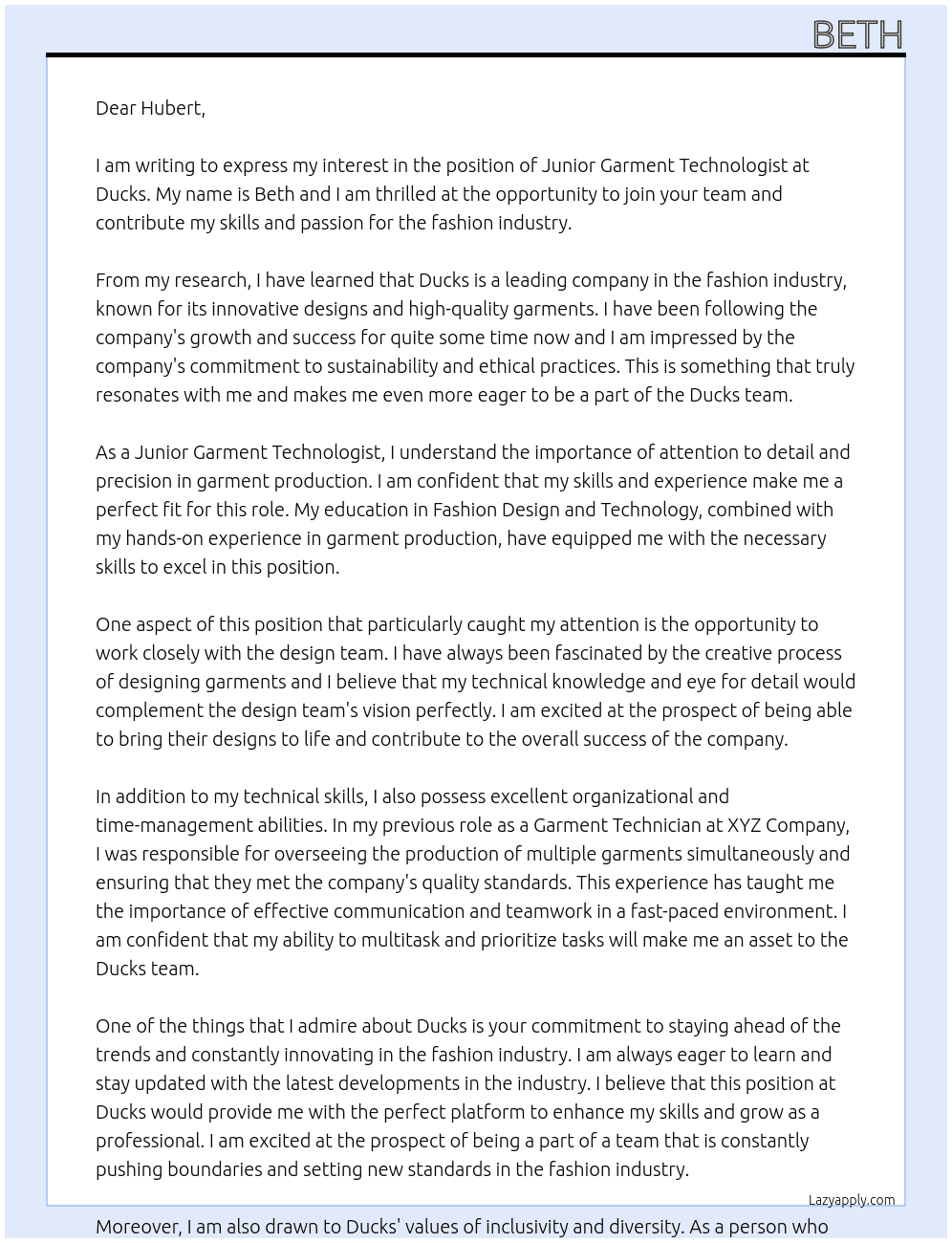 Cover letter for junior garment technologist - LazyApply