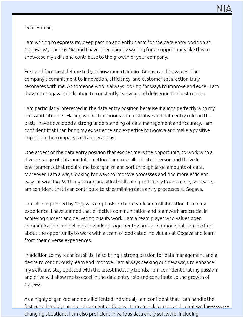 data entry At Gogava Cover Letter