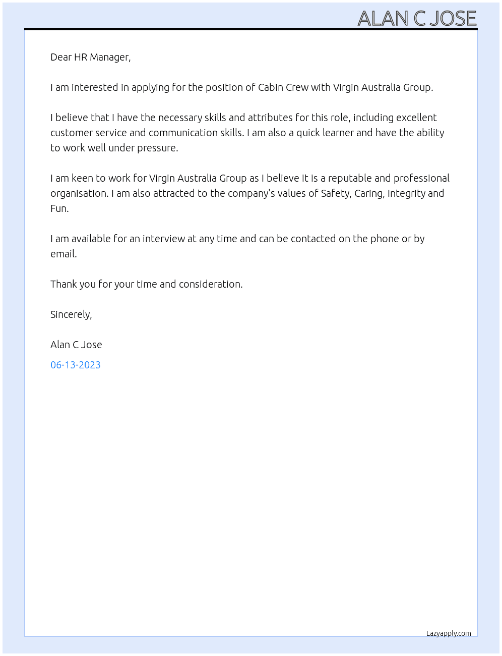 Cabin crew At VIRGIN AUSTRALIA GROUP Cover Letter
