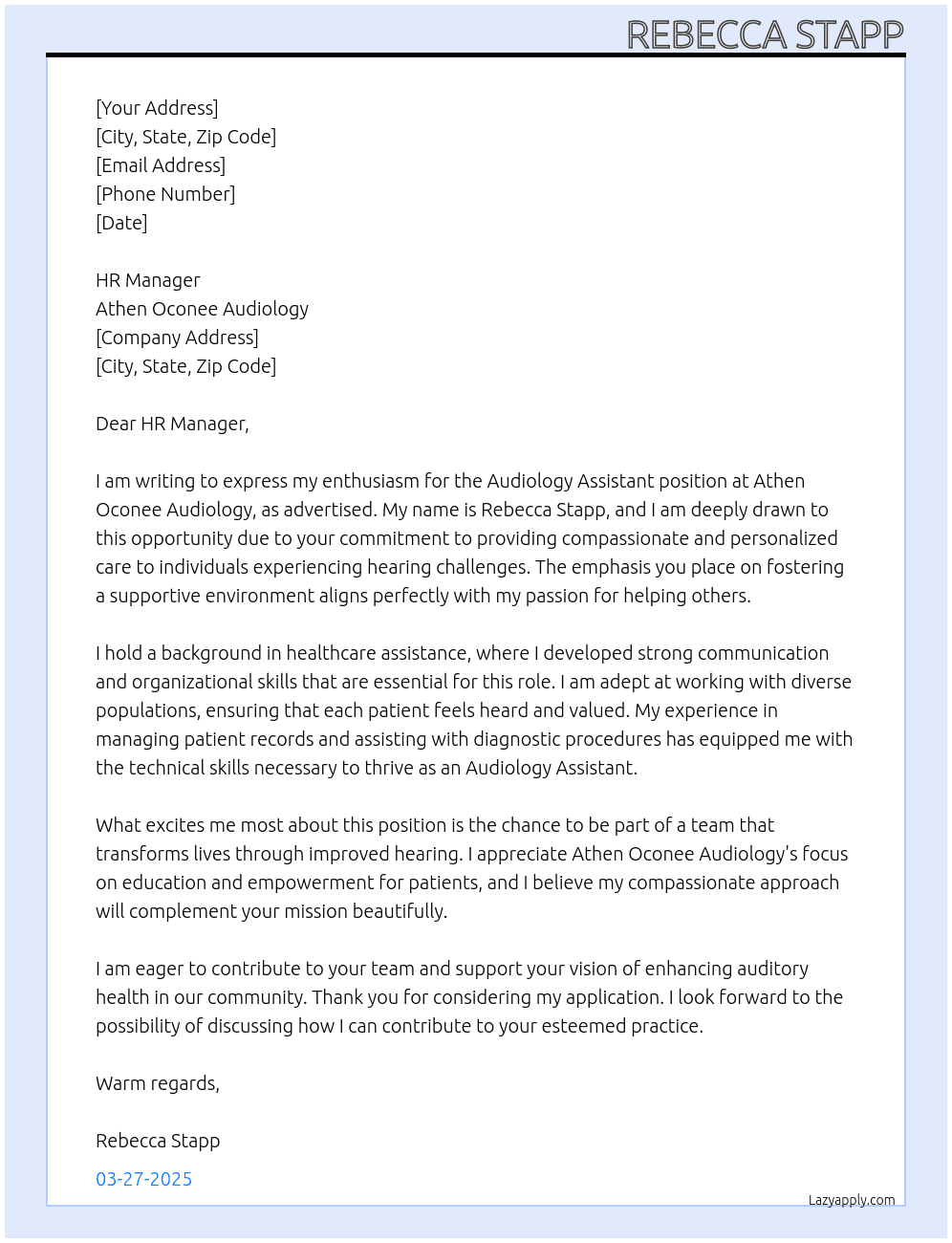 Audiology Assistant  At Athen Oconee Audiology  Cover Letter
