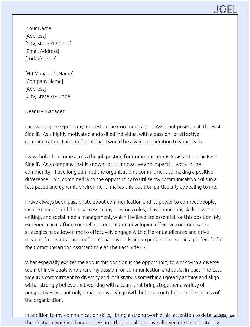 communications Assistant At The East Side ID Cover Letter
