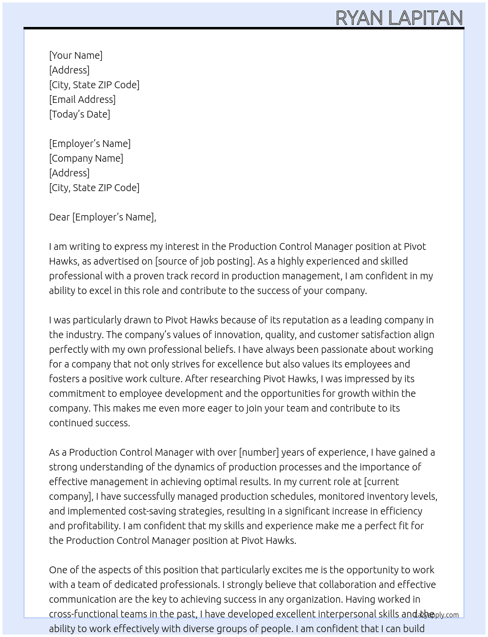 Production Control Manager At Pivot Hawks Cover Letter