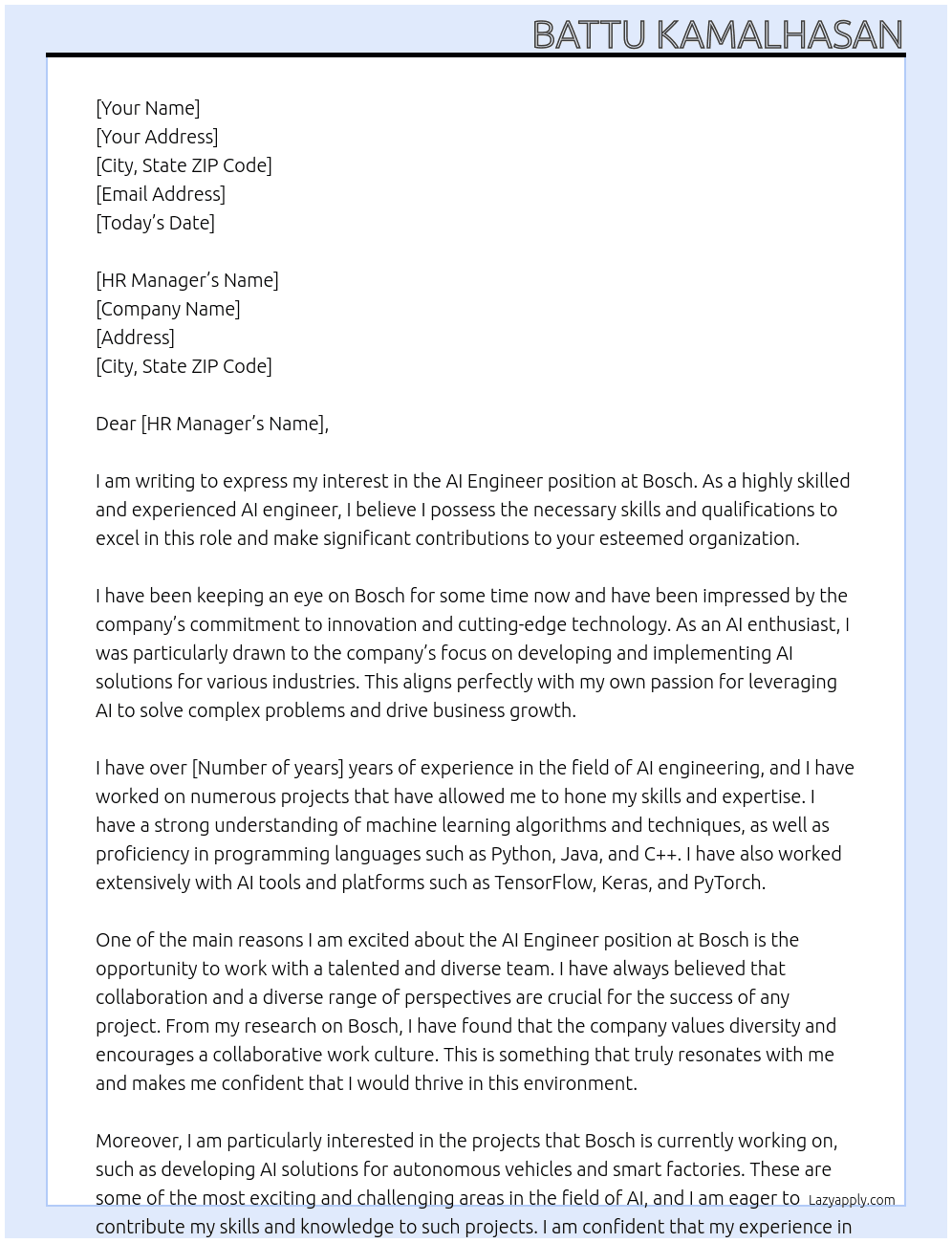 AI Engineer At Bosch Cover Letter
