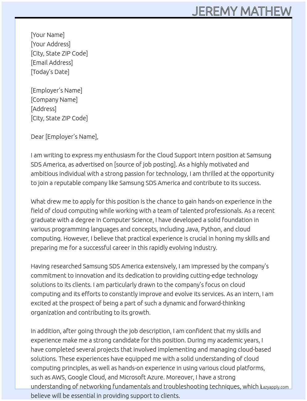 Cloud Support Intern At Samsung SDS America Cover Letter