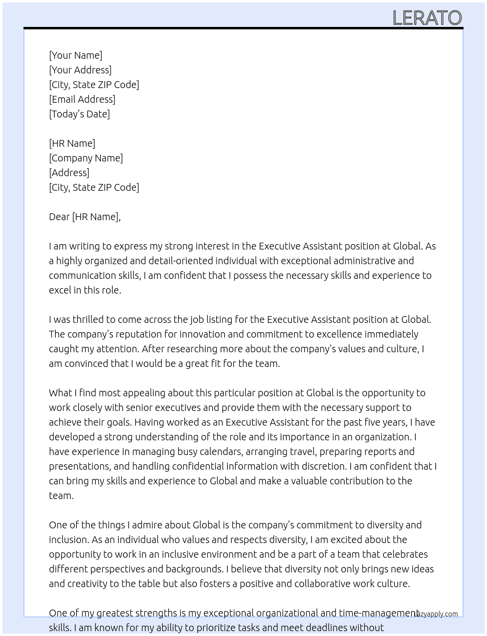 Executive assistant At Global  Cover Letter