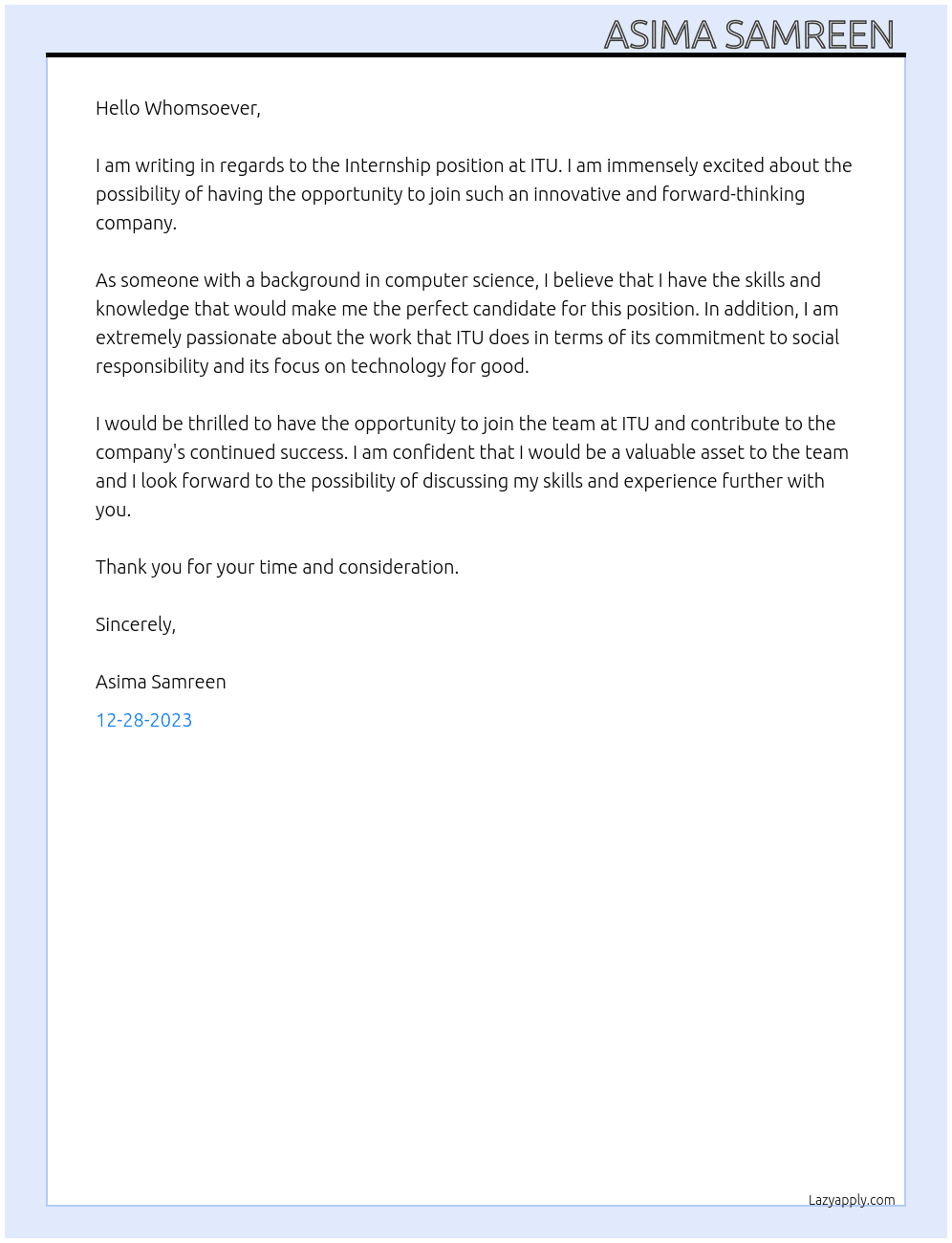Internship At ITU Cover Letter