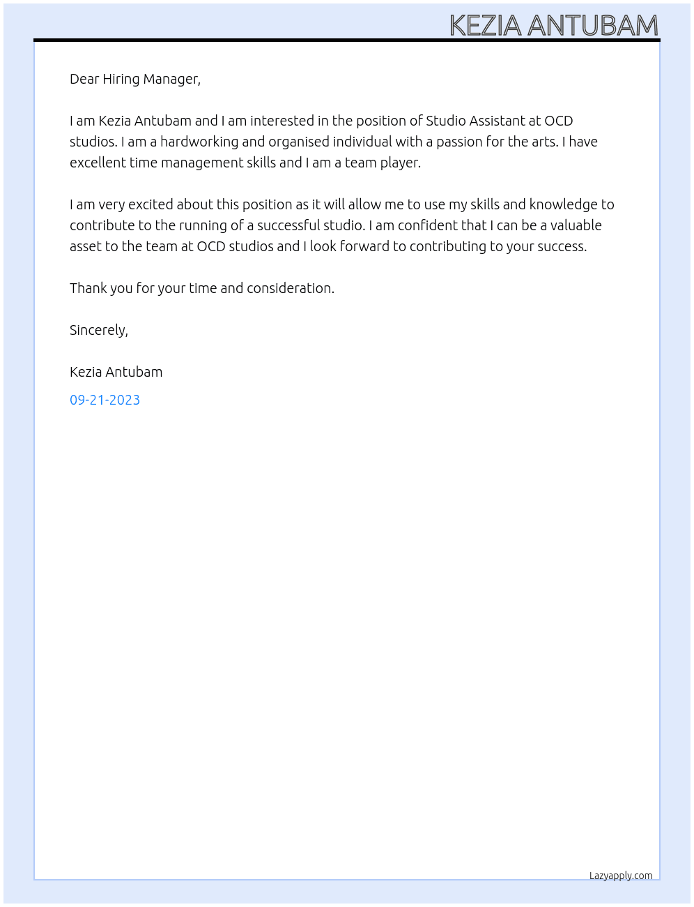 Studio Assistant At OCD studios Cover Letter