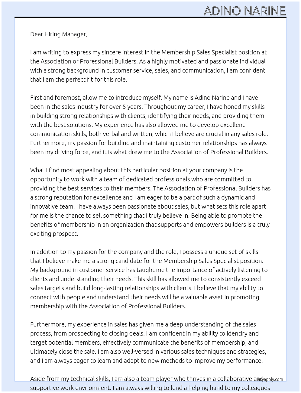 Membership Sales Specialist At Association of Professional Builders Cover Letter
