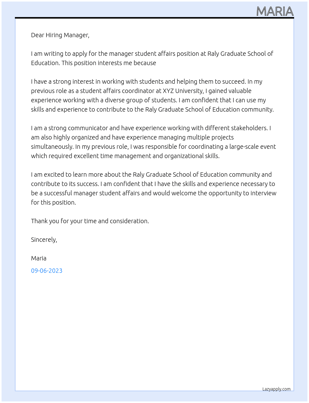manager student affairs At Raly Graduate School of Education Cover Letter