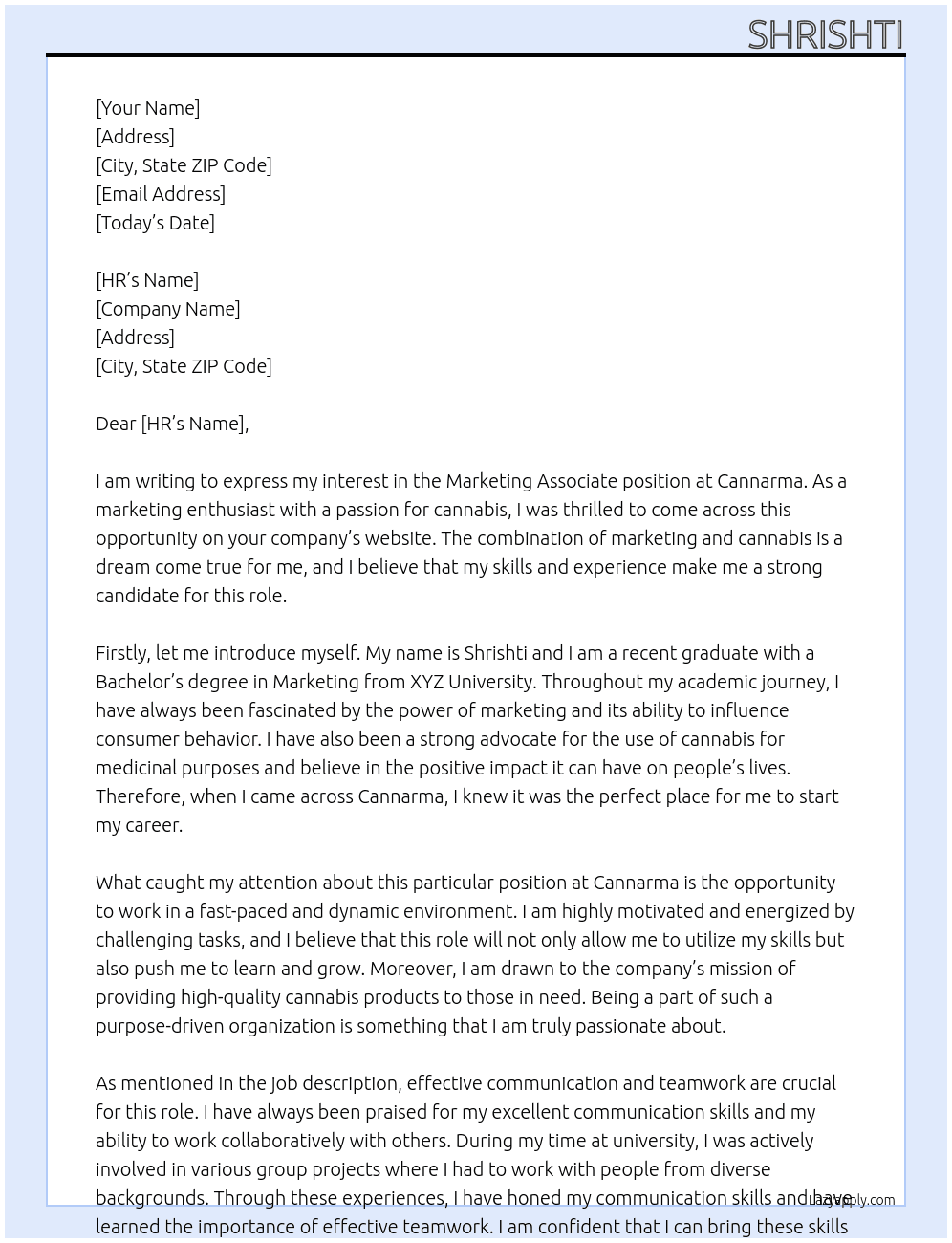 Marketing associate At Cannarma  Cover Letter