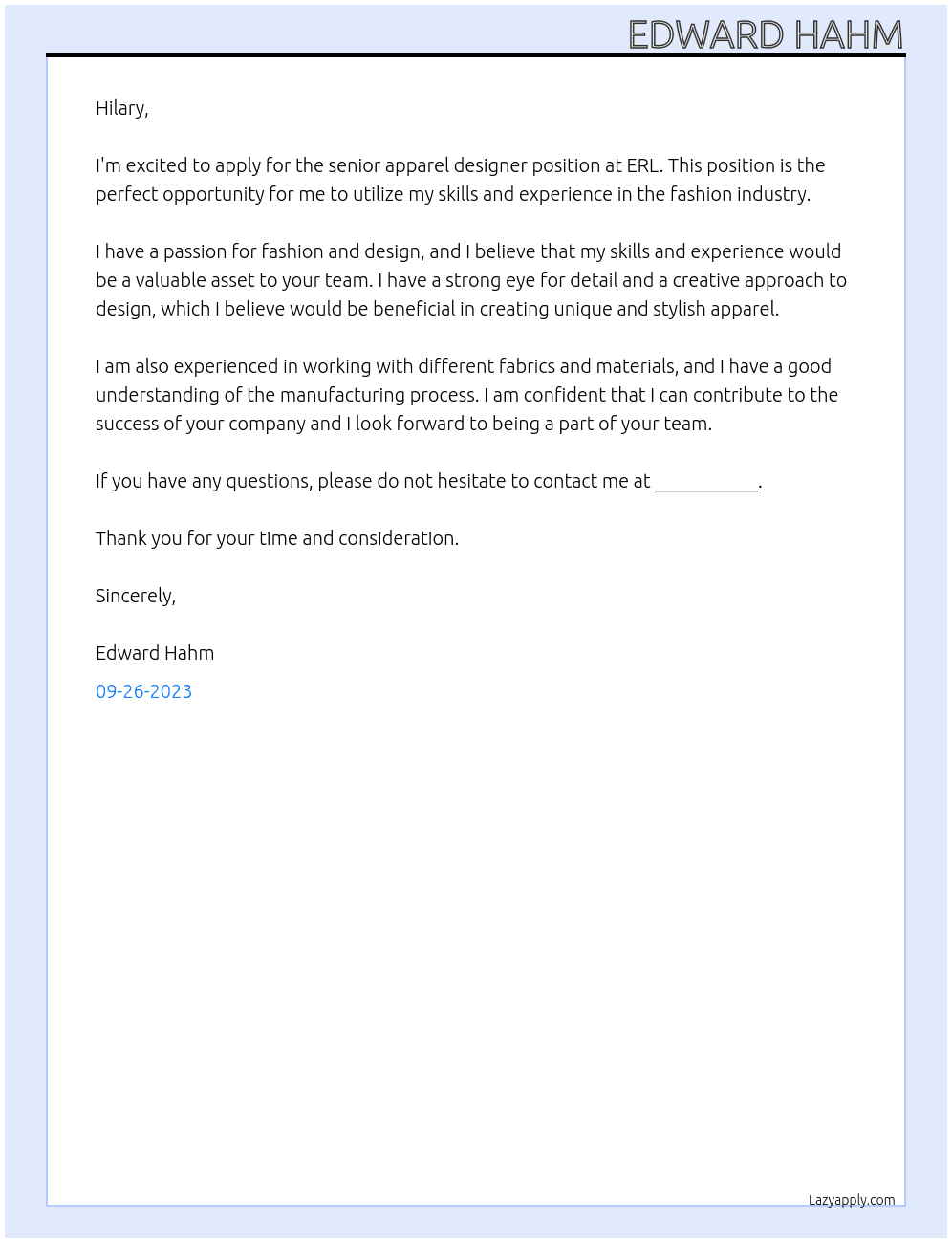 Senior Apparel Designer At ERL Cover Letter