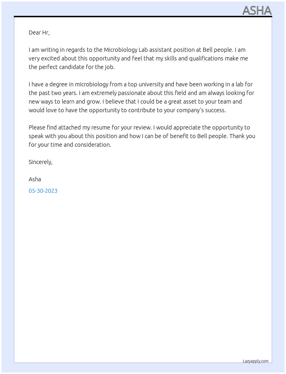  Microbiology Lab assistant  At Bell people Cover Letter