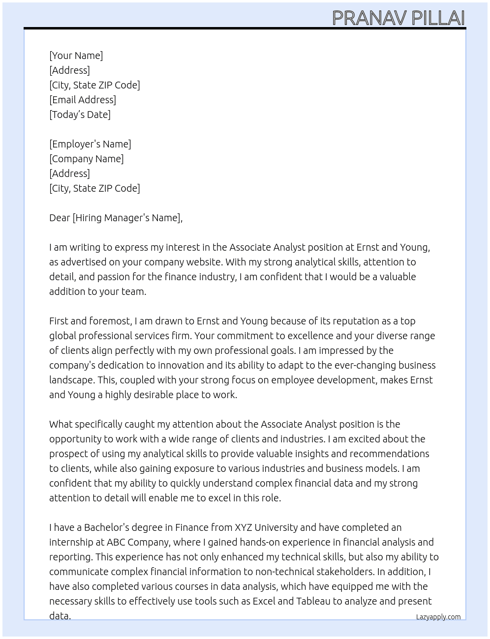 Associate Analyst At Ernst and Young Cover Letter