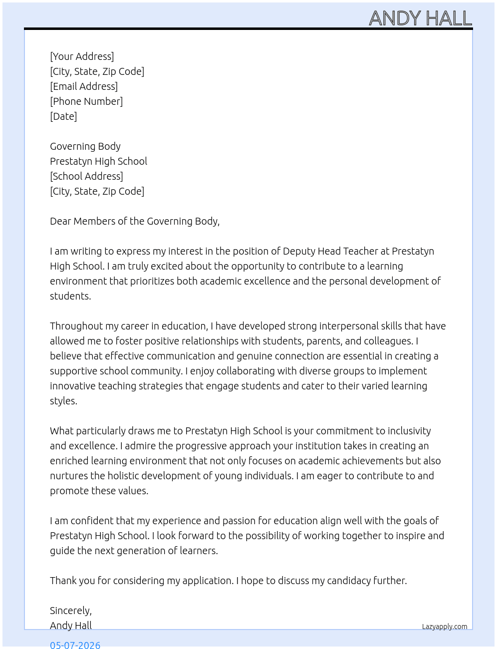 Deputy Head Teacher At Prestatyn High School Cover Letter