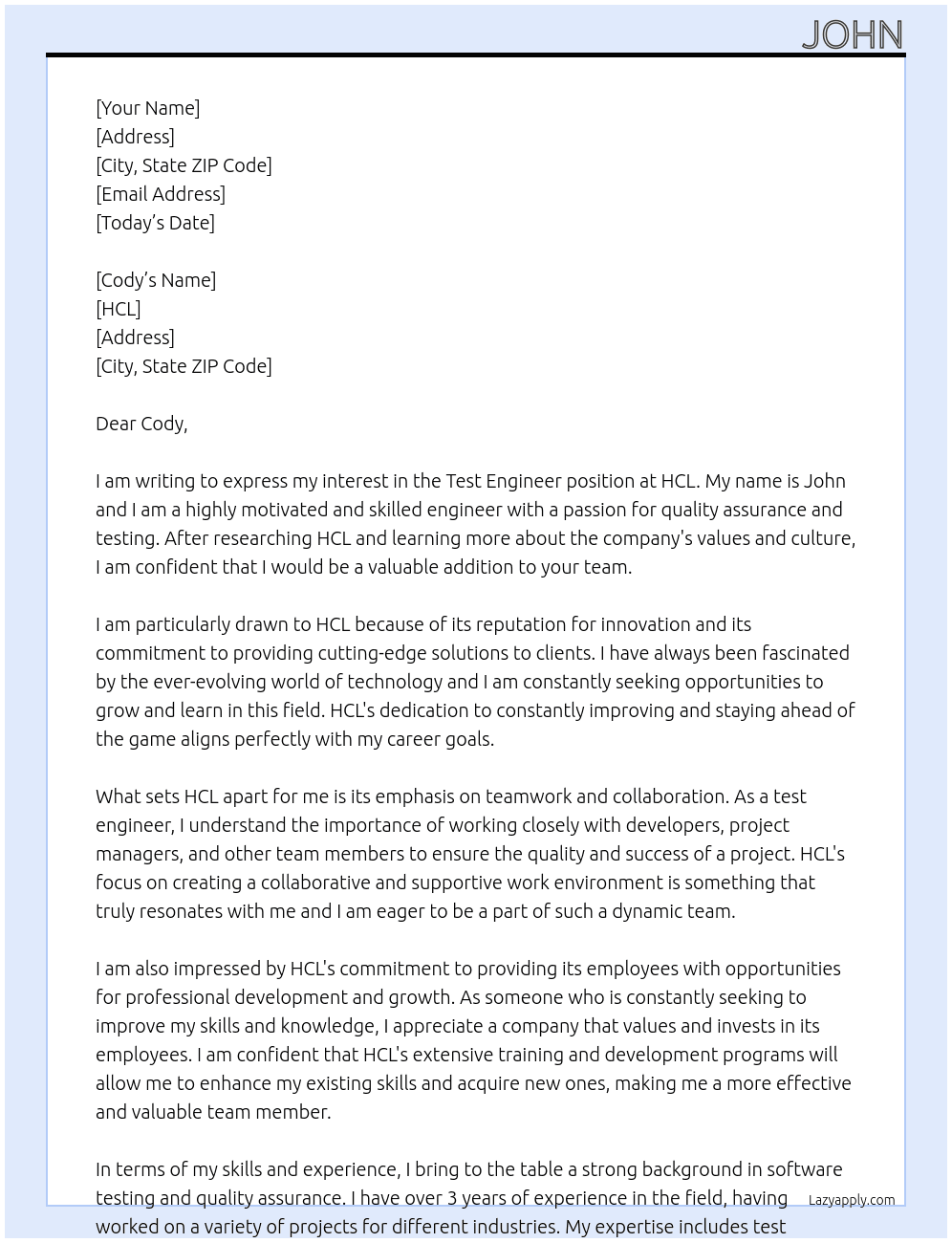 Test engineer At HCL Cover Letter