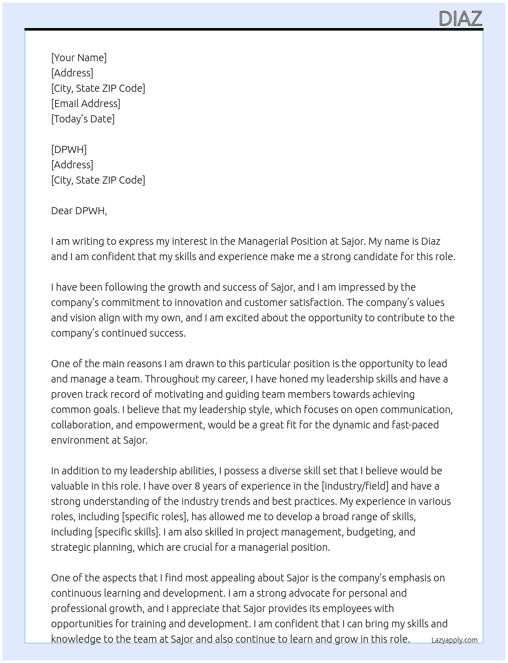 Managerial Position At Sajor Cover Letter