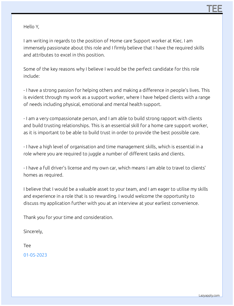 Home care Support worker  At Kiec Cover Letter