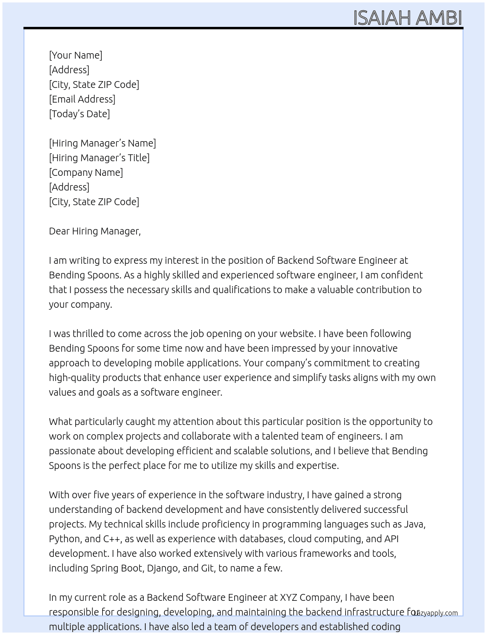 Backend software engineer At Bending Spoons Cover Letter