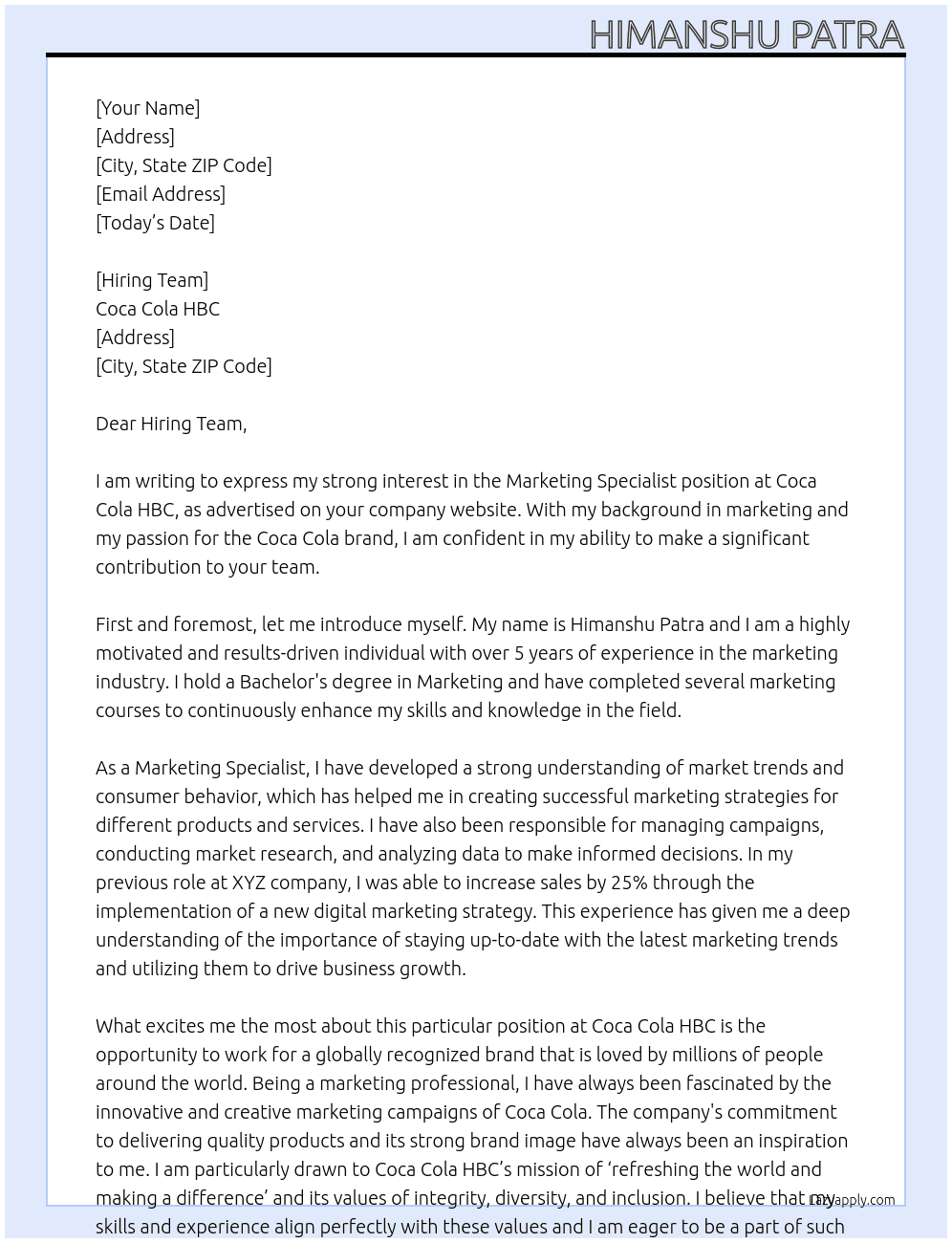 Marketing Specialist  At Coca Cola HBC Cover Letter