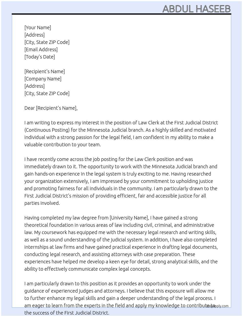  Law Clerk,  At  Law Clerk, First Judicial District (Continuous Posting) for the Minnesota Judicial branch Cover Letter