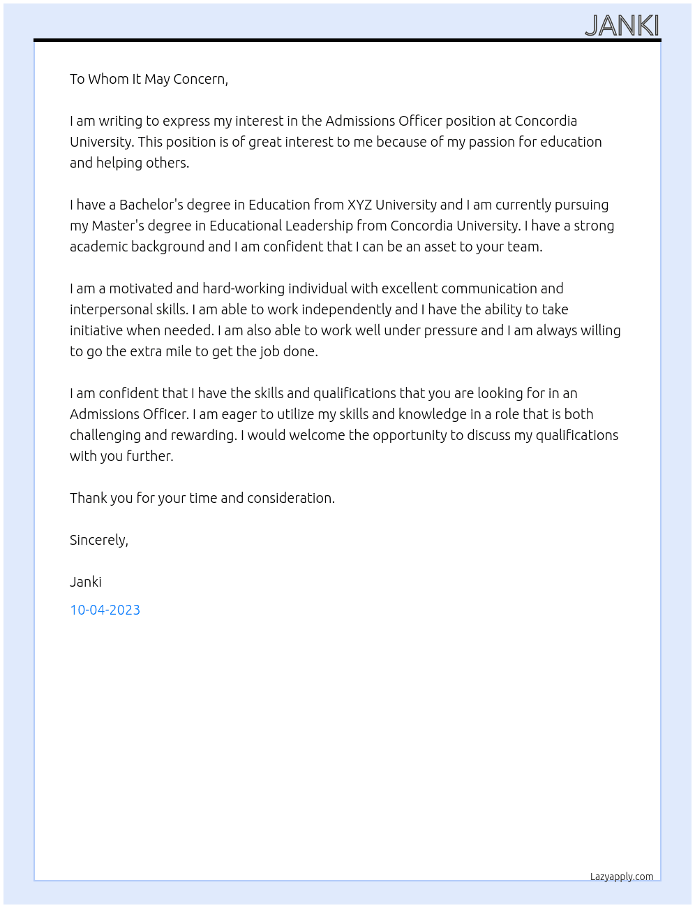 Admissions officer  At Concordia University  Cover Letter