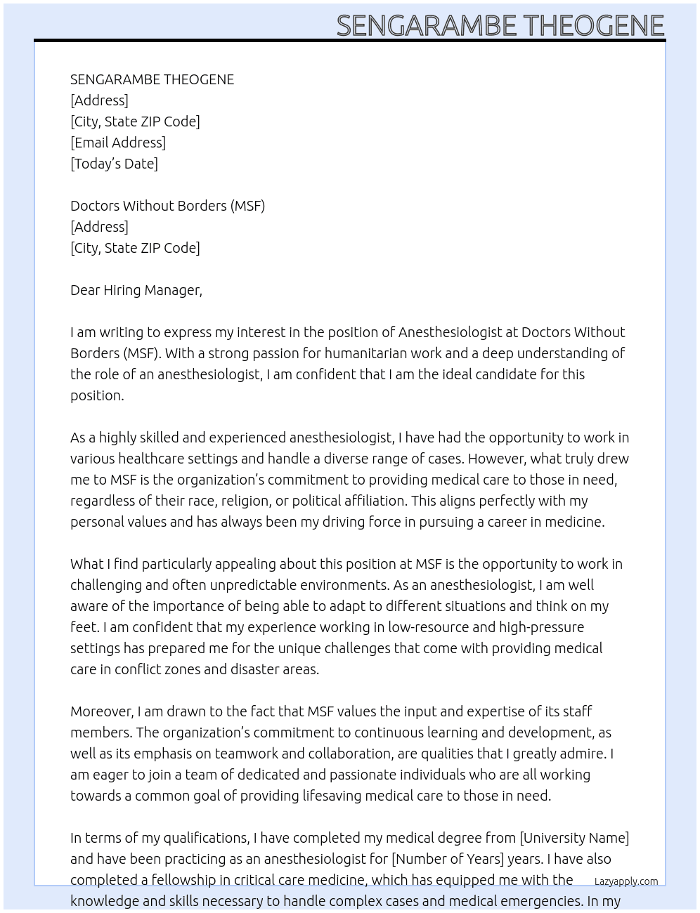 Anesthesiologist At SENGARAMBE THEOGENE Cover Letter