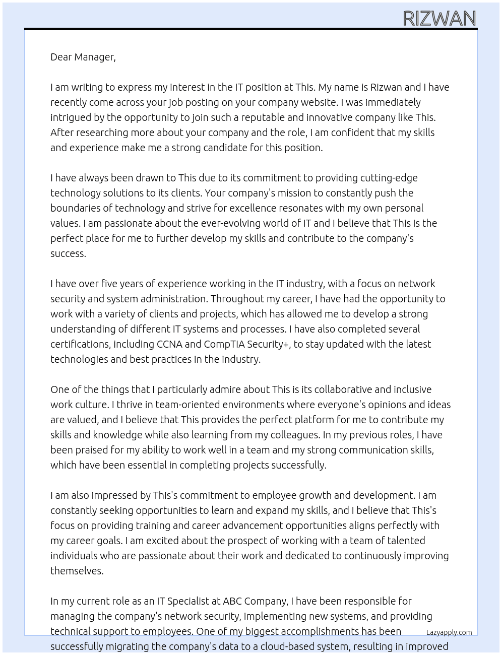 IT  At This Cover Letter